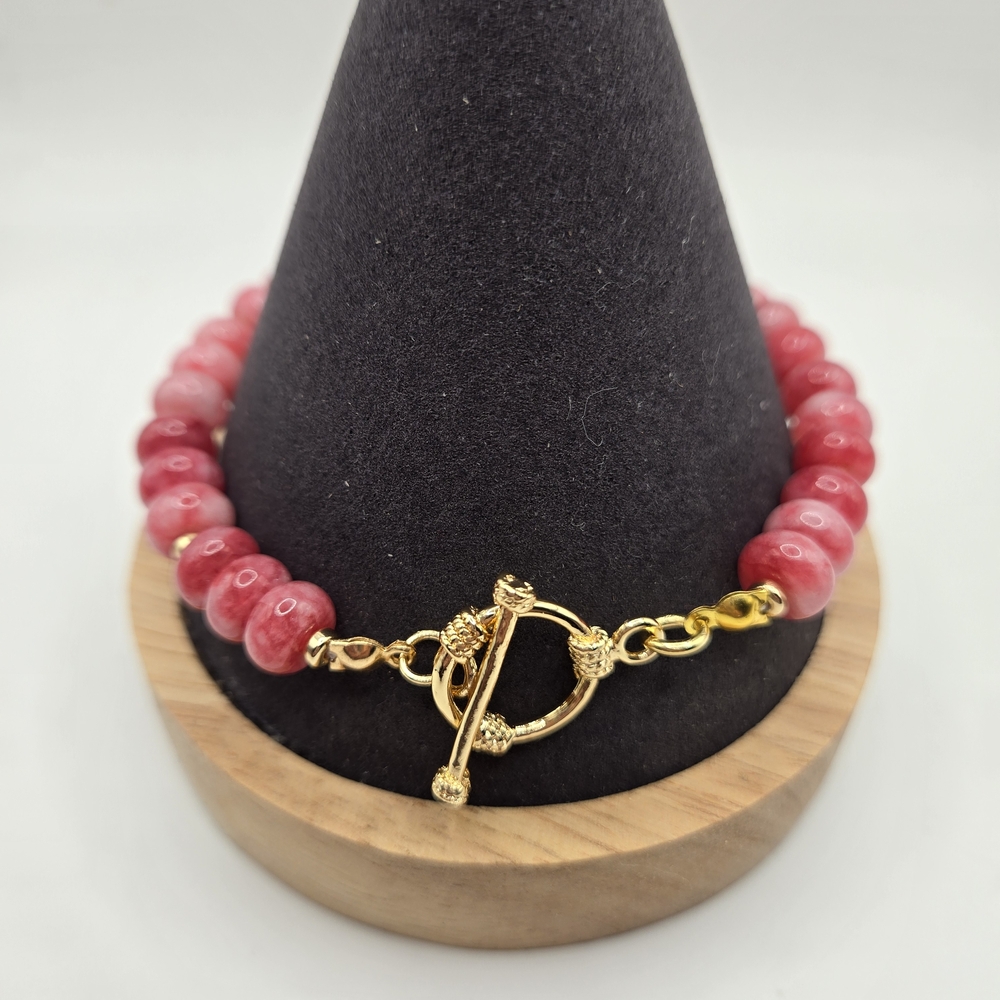 Pink Angelite Beaded Bracelet With Gold Accents